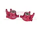Two red anodized aluminium steering hubs for RC cars by GPM Racing, featuring ball bearings and L/R markings.