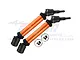Two GPM orange aluminium and steel CVD driveshafts for RC cars, shown with included mounting hardware against a white background.