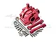 GPM Racing red anodised aluminium front gearbox housing set with lower suspension mounts, bearings, and various screws on a white background.