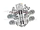 A collection of silver aluminium RC car upgrade parts including steering hubs, wheel hexes, and linkages for the Baja Rey.