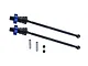 Two GPM Racing black steel CVD driveshafts with blue aluminium wheel hexes, including two pins and two grub screws on a white background.