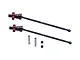 Two GPM Racing black steel CVD driveshafts with red aluminium wheel hexes, including two pins and two grub screws on a white background.