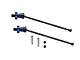 Two black GPM carbon steel CVD driveshafts with blue aluminium wheel hexes, including two metal pins and two grub screws on a white background.