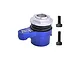 A blue GPM Racing 25T aluminium servo horn with a built-in servo saver mechanism, accompanied by two black mounting screws.
