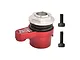 A red GPM Racing aluminium 25T servo horn with a built-in servo saver mechanism, accompanied by two black socket head screws against a white background.
