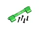A green anodized aluminium upper centre brace bar by GPM Racing with four black mounting screws on a white background.