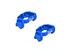 A pair of blue anodized aluminium C-hub carriers for RC vehicles by GPM Racing, shown against a white background.