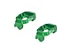 A pair of green anodized aluminium C-hub carriers for RC cars by GPM Racing, shown from an angled perspective on a white background.