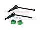 Two black metal CVD driveshafts with 48mm markings and two green aluminium wheel hexes on a white background.