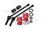GPM Racing 110mm carbon steel CVD driveshafts with red aluminium wheel hex adapters, bearings, and hardware on a white background.
