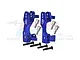 A pair of blue anodized aluminium steering hub carriers (C-hubs) for RC cars, with included metal screws and pins, set against a white background.
