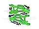 A pair of green anodized aluminium front lower suspension arms for RC cars by GPM Racing, including mounting screws and ball joints.