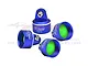 Four blue anodized aluminium RC shock absorber caps from GPM Racing, featuring a 7075 alloy marking and bright green internal seals.