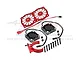 GPM Racing red aluminium adjustable motor heatsink with dual cooling fans and mounting hardware on a white background.