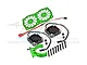 GPM Racing green aluminium motor heatsink set with dual cooling fans, mounting hardware, and screws on a white background.
