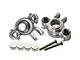 A pair of silver GPM Racing aluminium steering knuckles with four white plastic inserts and two metal screws on a white background.