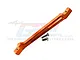 GPM Racing orange aluminium front centre chassis brace with two included screws, shown against a white background with a faint GPM logo.