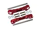 GPM Racing red aluminium front lower suspension mount set with included metal pins, screws, and plastic washers on a white background.