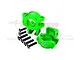 Two bright green anodized aluminium rear hub carriers for an RC car, accompanied by six black metal screws, set against a white background.