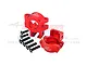 Two red anodized aluminium rear hub carriers for RC cars by GPM Racing, accompanied by a set of black mounting screws.