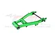A green anodized aluminium rear swing arm for an RC car, featuring a Y-shaped design with a metal hinge pin and hardware attached.