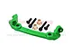 A green anodized aluminium steering plate for RC cars, accompanied by four black screws and two bronze-coloured metal bushings.