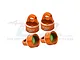 Four orange anodized aluminium RC shock caps from GPM Racing, featuring 7075 branding and internal green seals, arranged on a white background.