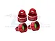 Four red GPM Racing aluminium shock caps for RC cars, featuring a 7075 alloy marking and internal green seals.