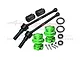 GPM Racing 88mm carbon steel CVD shafts with green aluminium wheel hexes, lock nuts, bearings, and pins.