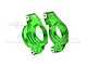 A pair of green anodized aluminium front steering hub carriers (C-hubs) for RC cars, labeled R and L, against a white background.
