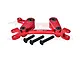 A red anodized aluminium steering bell crank and drag link assembly by GPM Racing, shown with three black mounting screws against a white background.