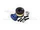 A blue GPM Racing aluminium 25T servo horn with a built-in servo saver, including mounting screws and hardware, set against a white background.