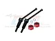 A pair of black carbon steel RC rear driveshafts with red aluminium wheel hexes and small washers against a white background.