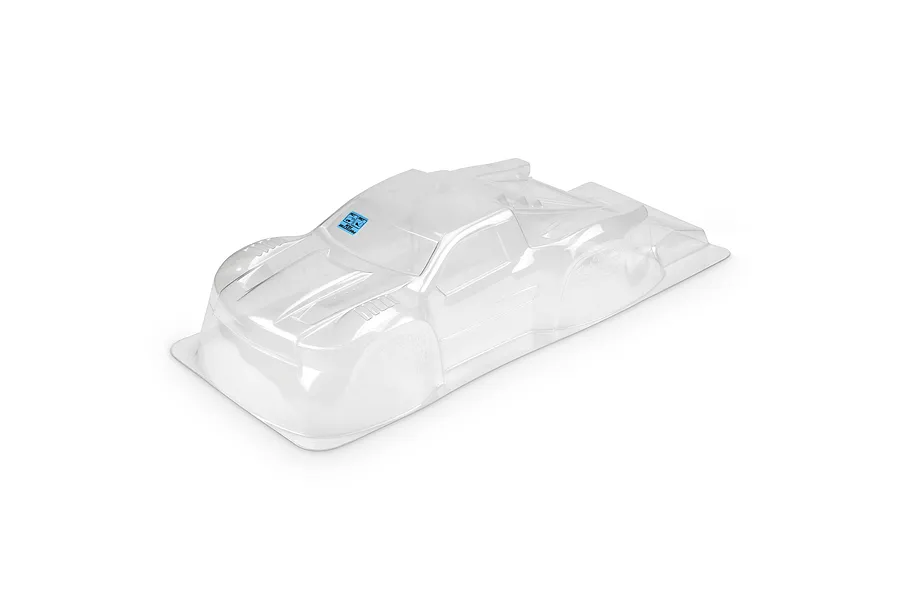 A clear, unpainted Pro-Line Flo-Tek short course RC truck body shell viewed from a high angle on a white background.