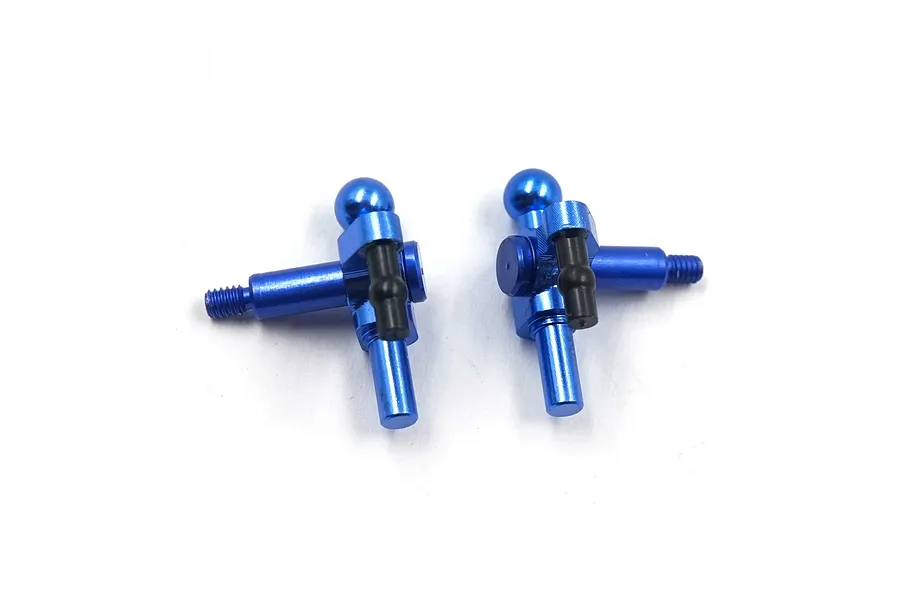 Two blue anodized aluminium RC steering knuckles with ball joints, shown against a plain white background.