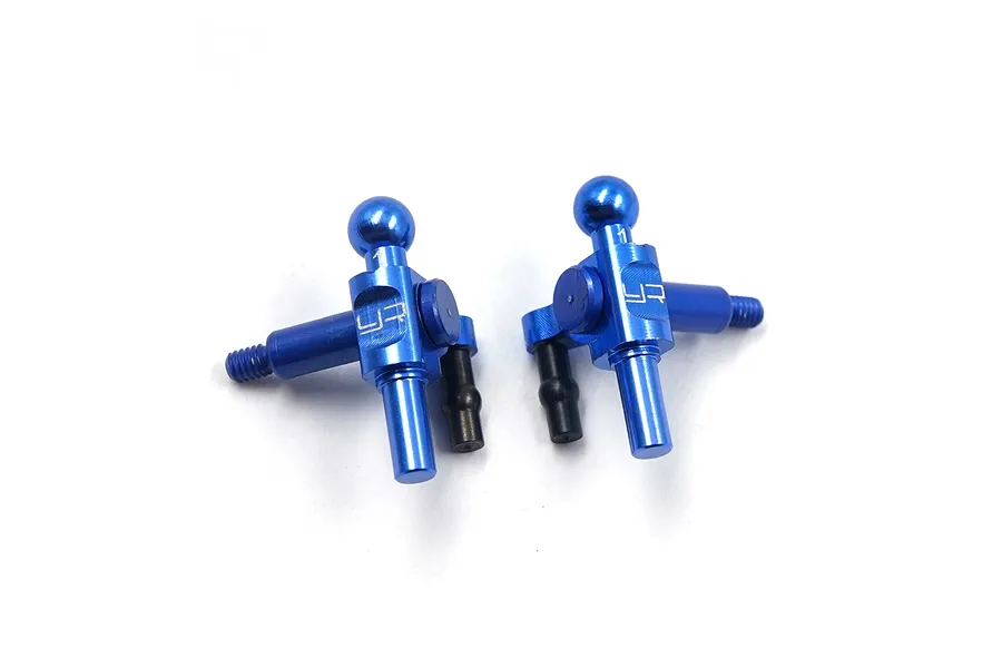 Two blue anodized aluminium RC steering knuckles with ball joints and black plastic inserts on a white background.