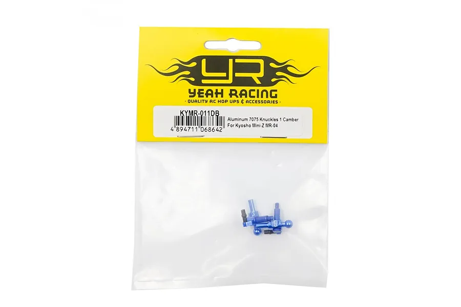 Yeah Racing Aluminium 1 Camber Steering Knuckles for Kyosho Mini-Z MR-04 in original yellow and clear plastic packaging.