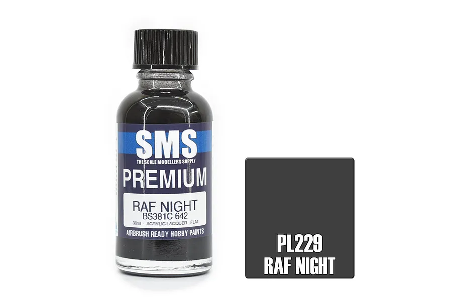 A 30ml bottle of Scale Modellers Supply RAF Night acrylic lacquer paint next to a dark grey color swatch labeled PL229 RAF NIGHT.