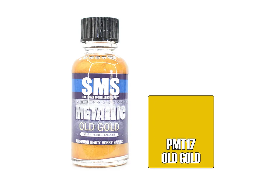 A 30ml bottle of Scale Modellers Supply Metallic Old Gold paint with a black cap, next to a gold-coloured square swatch labeled PMT17 OLD GOLD.