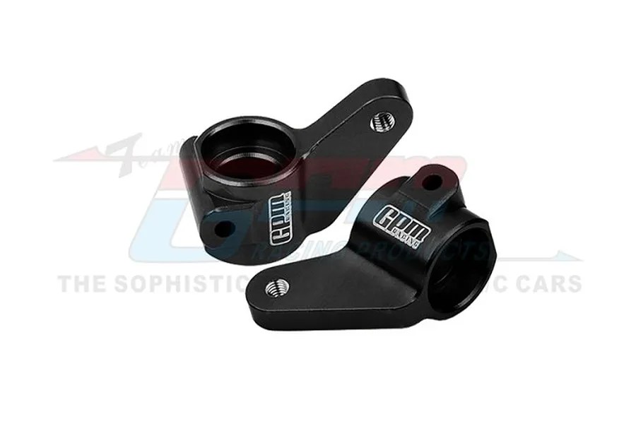 Two black anodized aluminium front steering hubs for RC cars by GPM Racing, shown against a white background with a faint watermark.