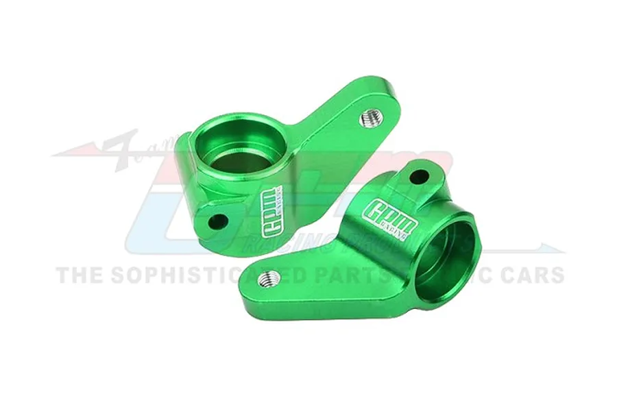 Two green anodized aluminium front steering hubs for RC cars by GPM Racing, shown against a white background with a faint watermark.