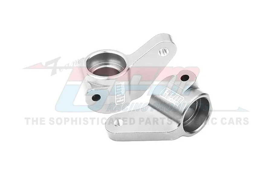 Two silver GPM Racing aluminium front steering hubs for RC cars, shown from an angled perspective against a white background.