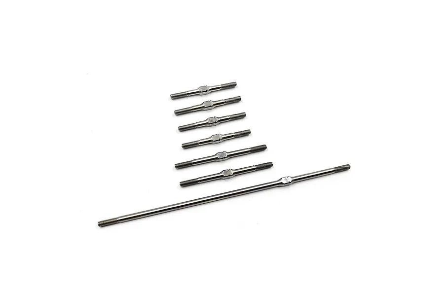 A set of seven silver-coloured metal RC turnbuckles of varying lengths arranged on a white background.