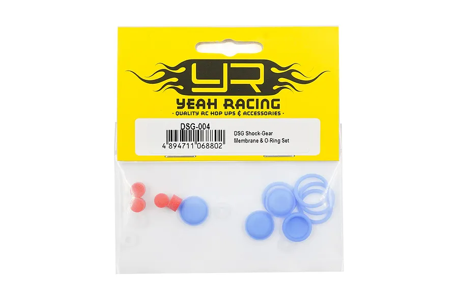 Yeah Racing DSG-004 shock membrane and O-ring set in original yellow and clear plastic packaging.