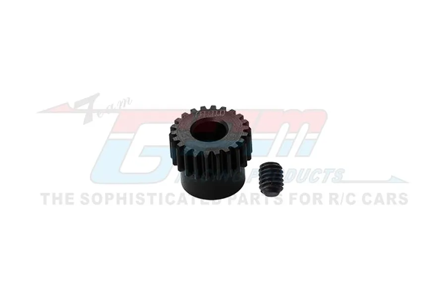 A black steel 22T pinion gear for RC cars, shown with a small grub screw against a GPM Racing logo background.