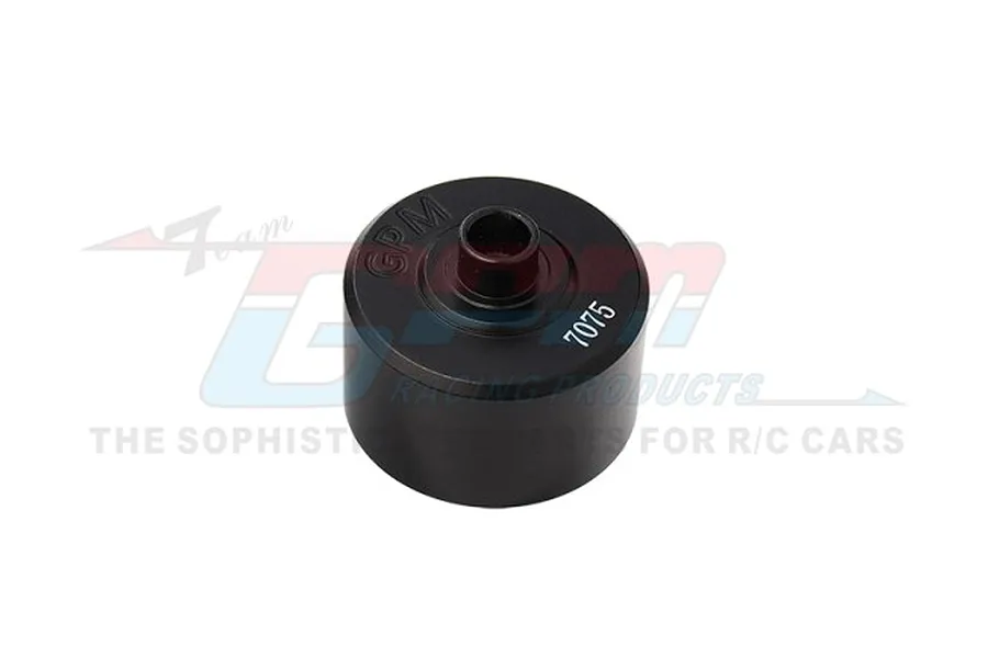 A black GPM Racing aluminium differential case for RC cars, featuring a cylindrical shape with a central output shaft and laser-etched markings.