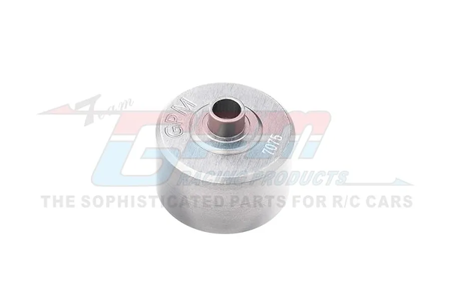 A silver GPM aluminium differential case for RC cars, featuring a cylindrical shape with a central bearing mount and engraved markings.