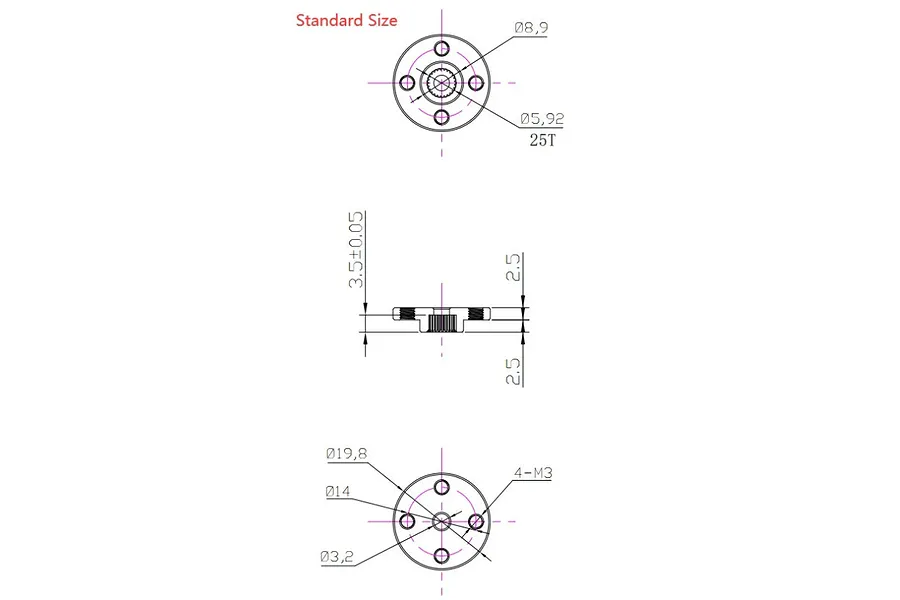 Technical drawing showing top and side views of a round 25T servo horn with dimensions in millimeters.