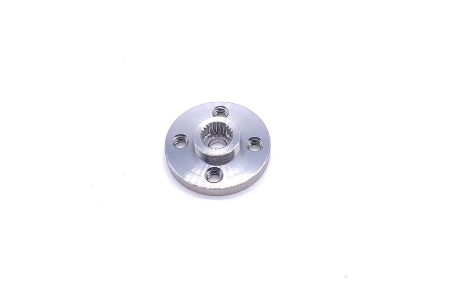 A silver-coloured round aluminium 25T servo horn for RC vehicles, featuring a central splined hole and four threaded mounting holes.