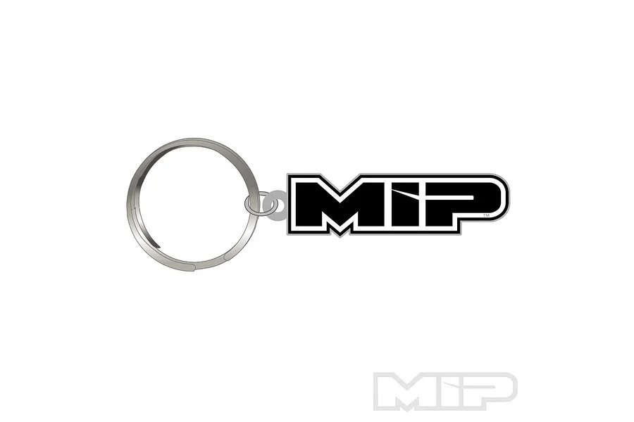 A matte silver metal keychain featuring the black MIP logo, shown against a plain white background.